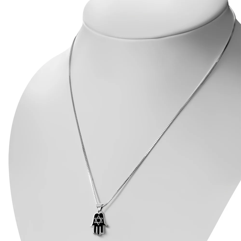 Sterling Star David in Onyx Enamel Hamsa pendant necklace